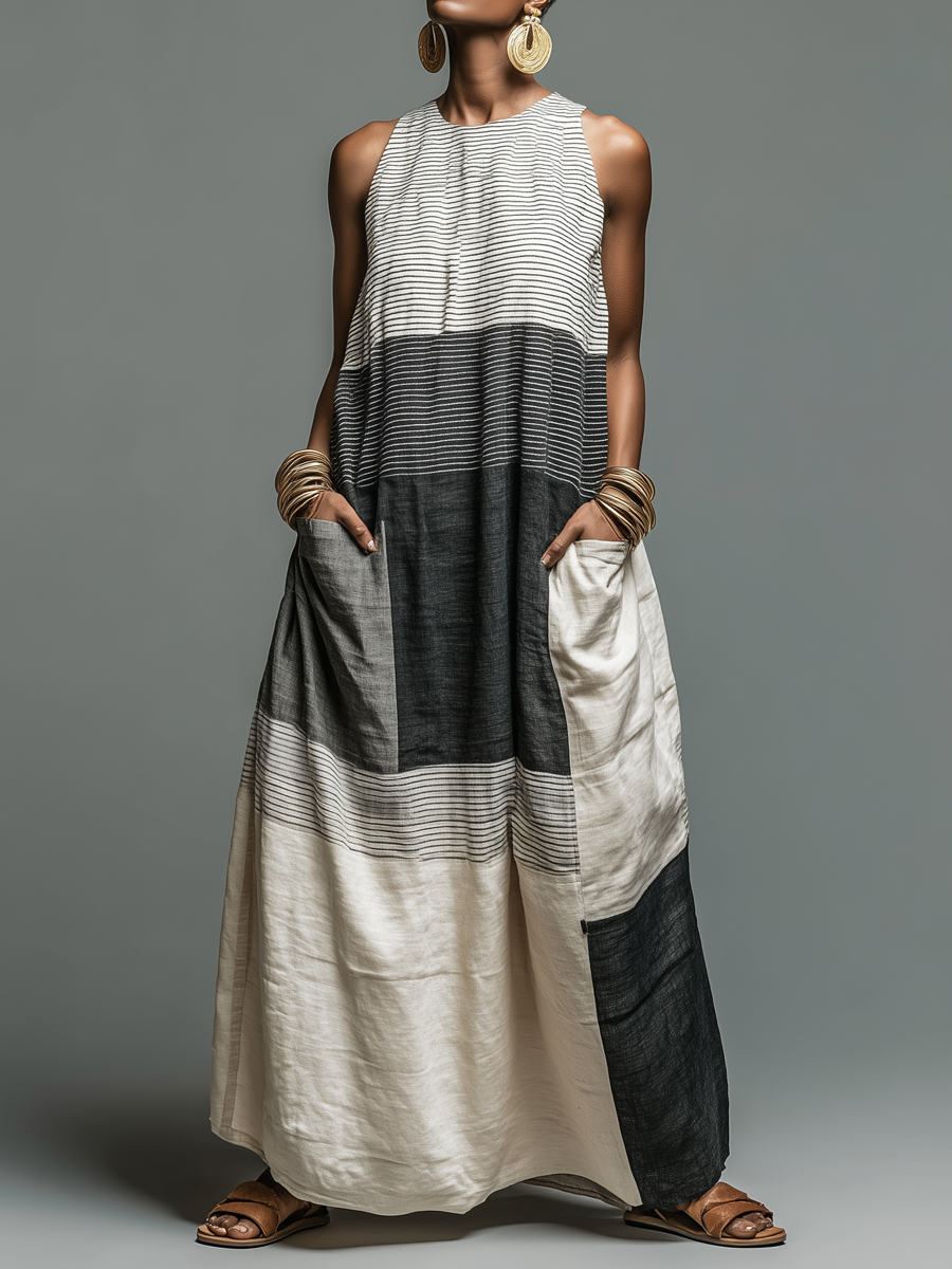 The Élise – Striped Linen Maxi Dress with Pockets | Women's Summer Dress | Solane Maison