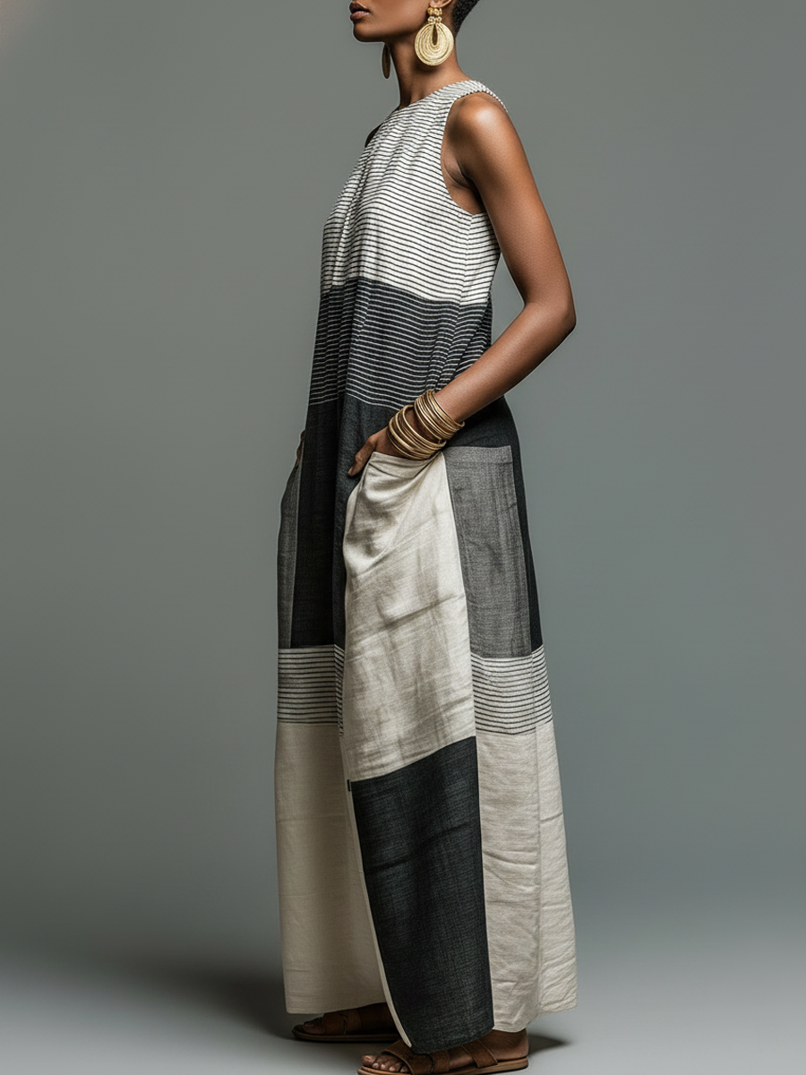 The Élise – Striped Linen Maxi Dress with Pockets | Women's Summer Dress | Solane Maison