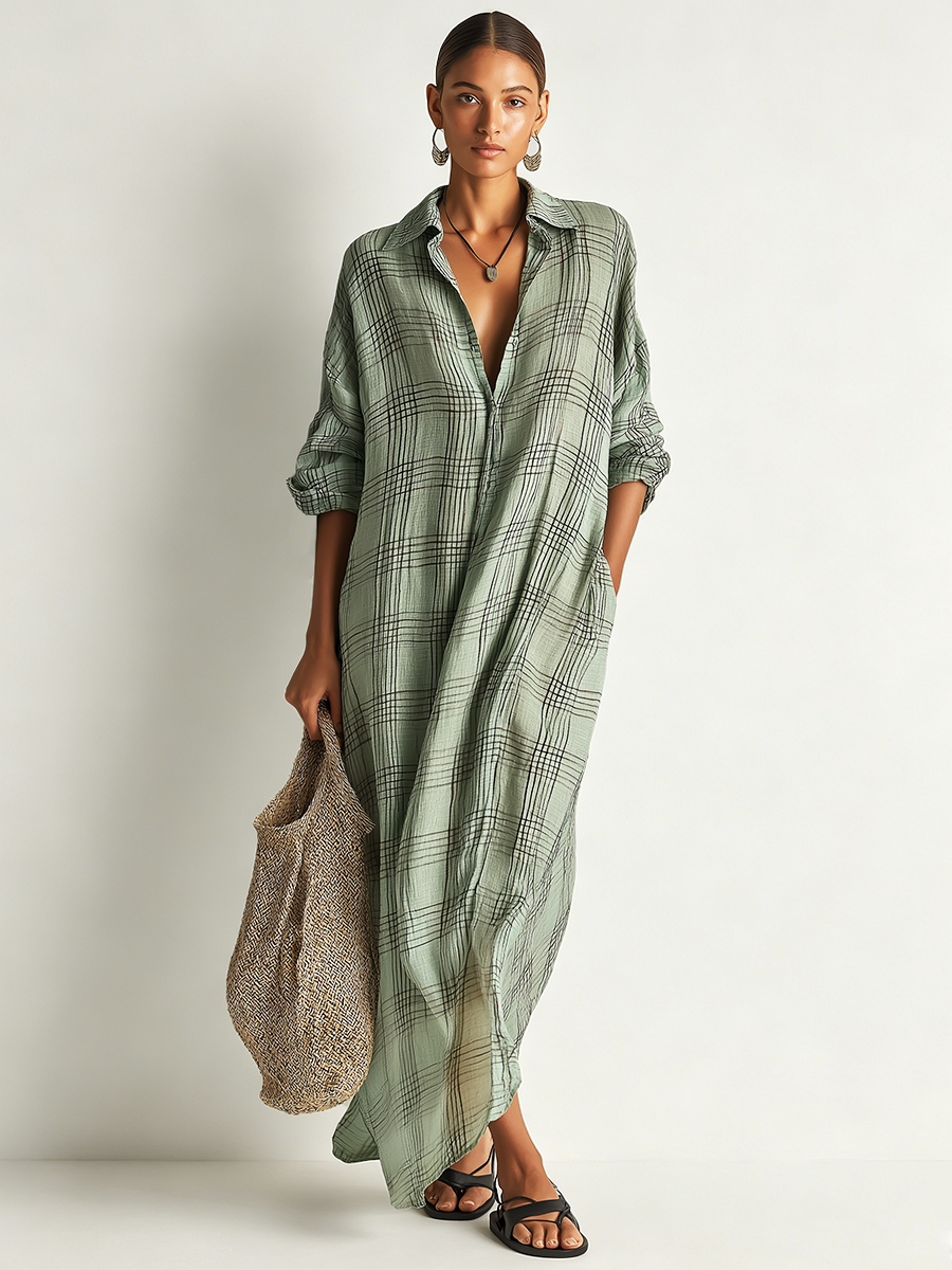 The Colette – Cotton-Linen Plaid Shirt Midi Dress | Solane Maison