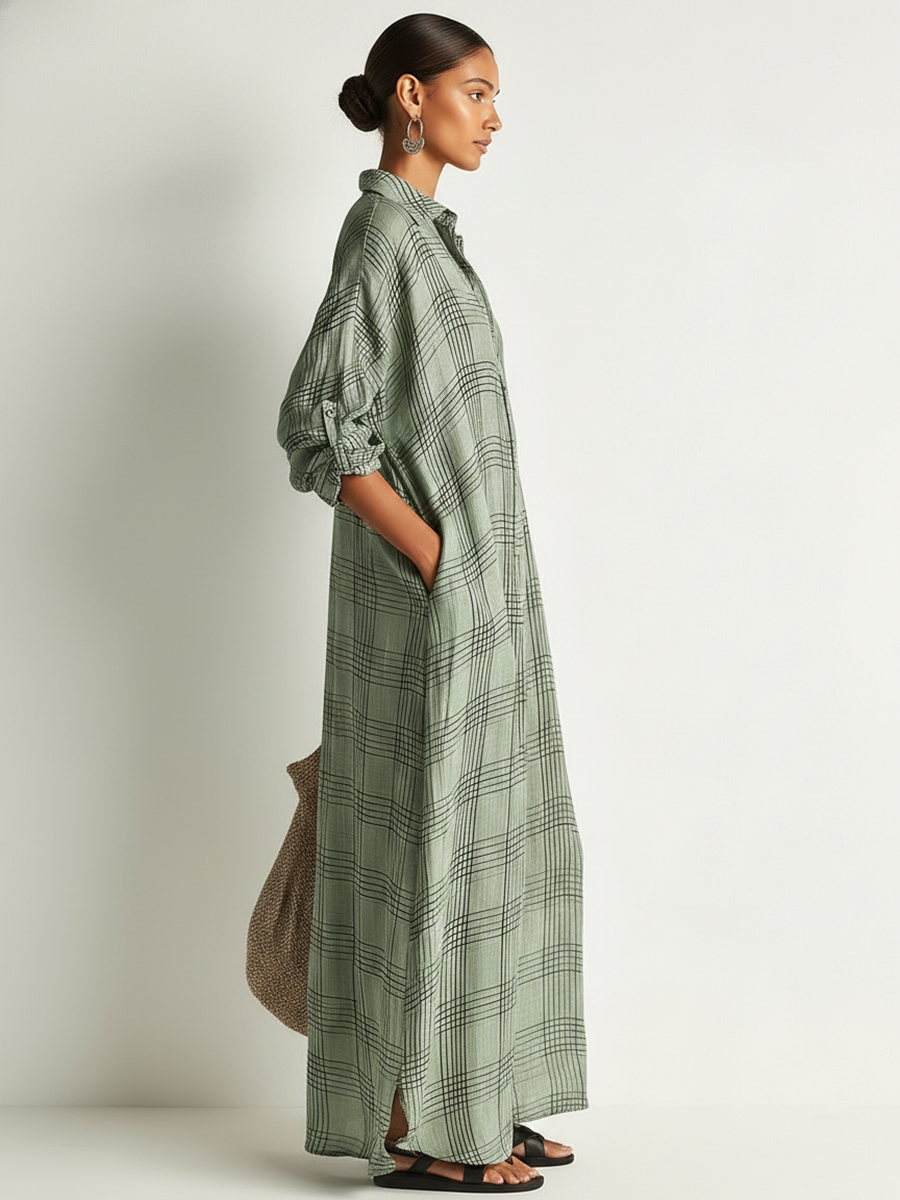 The Colette – Cotton-Linen Plaid Shirt Midi Dress | Solane Maison
