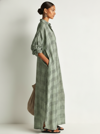 The Colette – Cotton-Linen Plaid Shirt Midi Dress | Solane Maison
