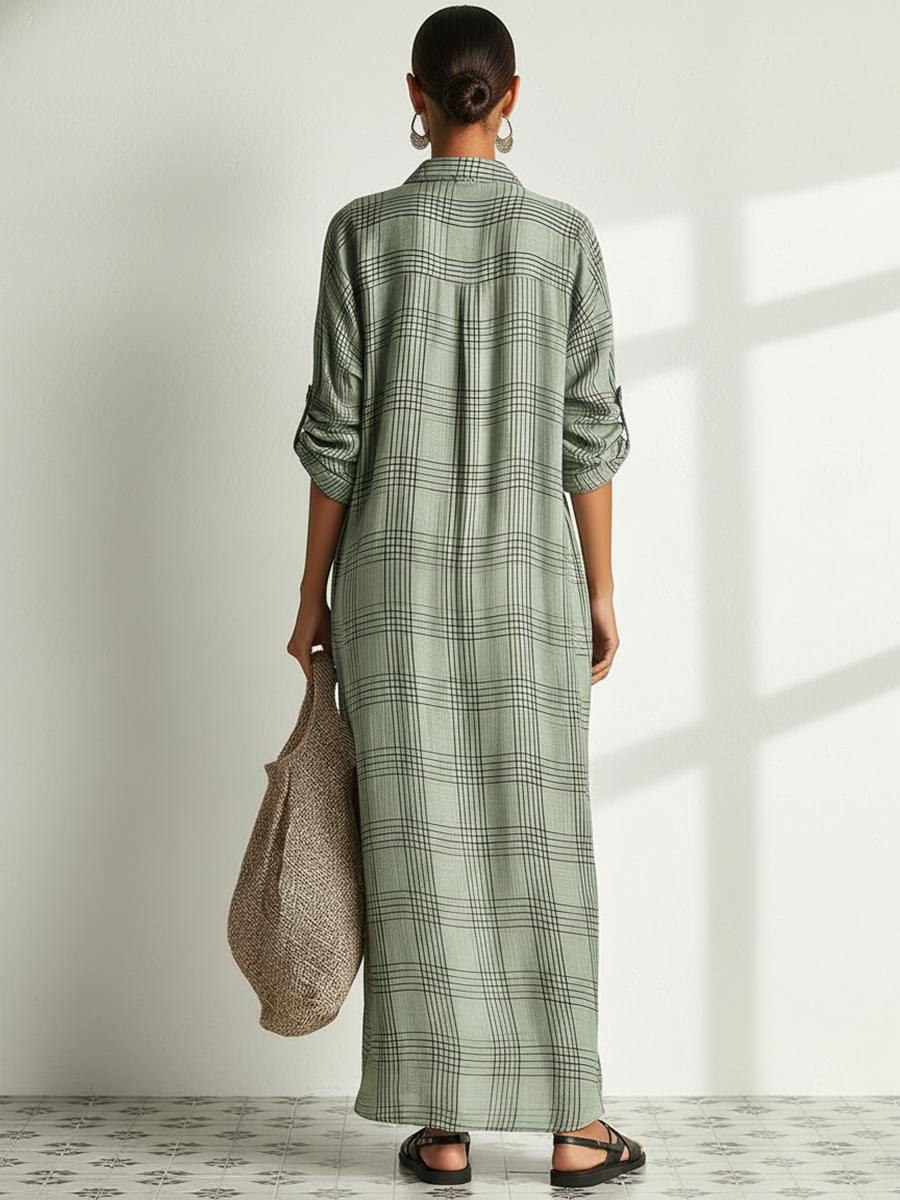 The Colette – Cotton-Linen Plaid Shirt Midi Dress | Solane Maison