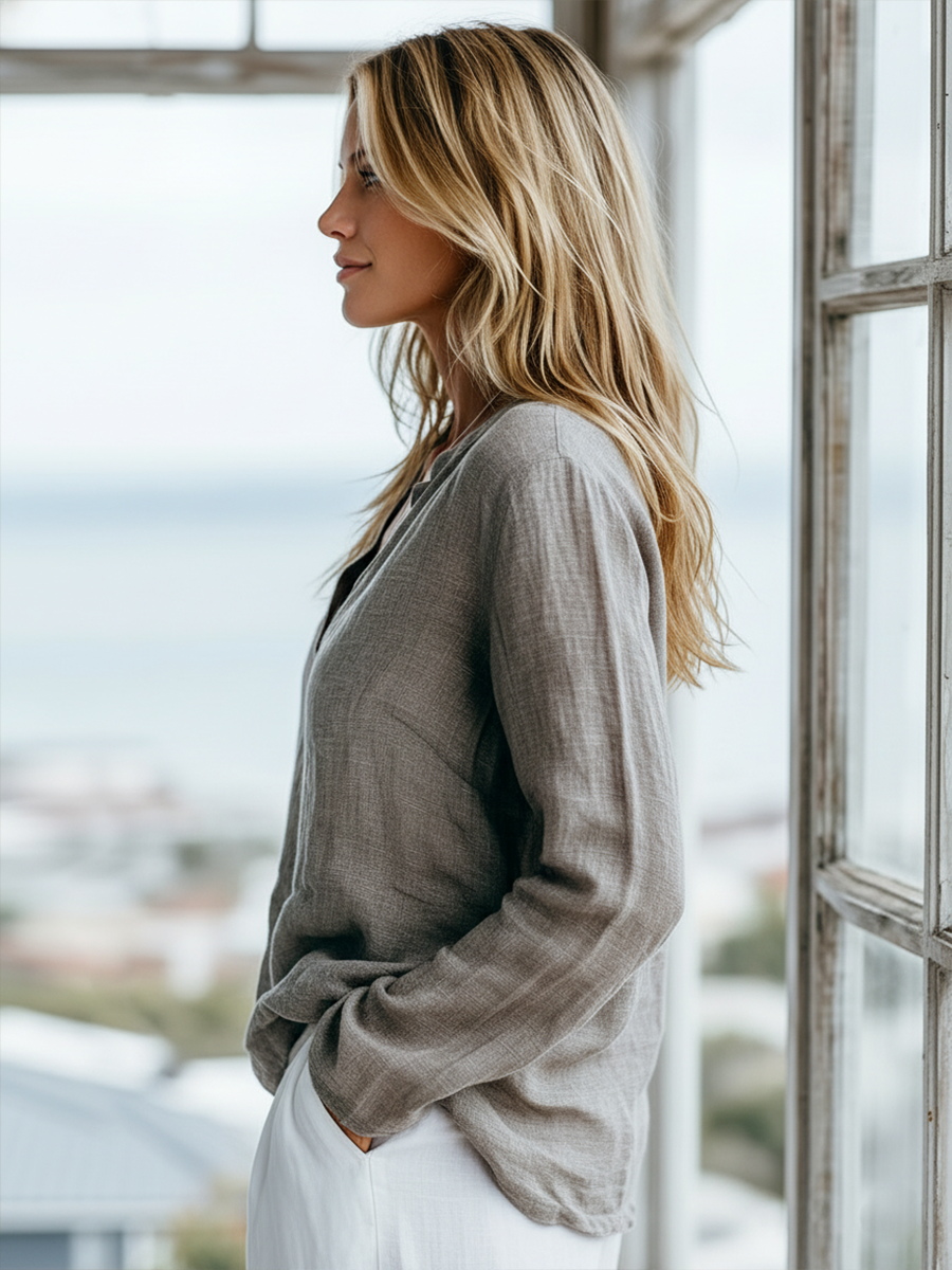 The Simone – Cotton-Linen Henley Shirt | Women's Long-Sleeve Top | Solane Maison