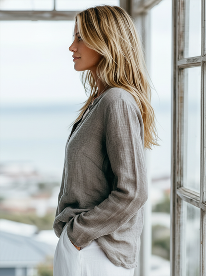 The Simone – Cotton-Linen Henley Shirt | Women's Long-Sleeve Top | Solane Maison