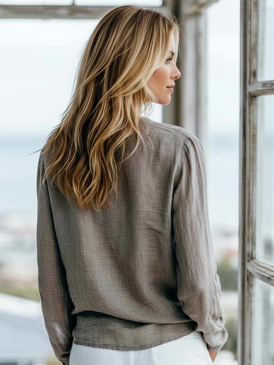 The Simone – Cotton-Linen Henley Shirt | Women's Long-Sleeve Top | Solane Maison