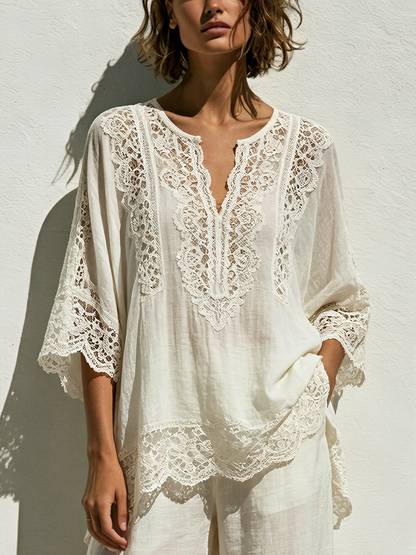 The Inès – Lace-Trim V-Neck Tunic | Women's Resort Top | Solane Maison