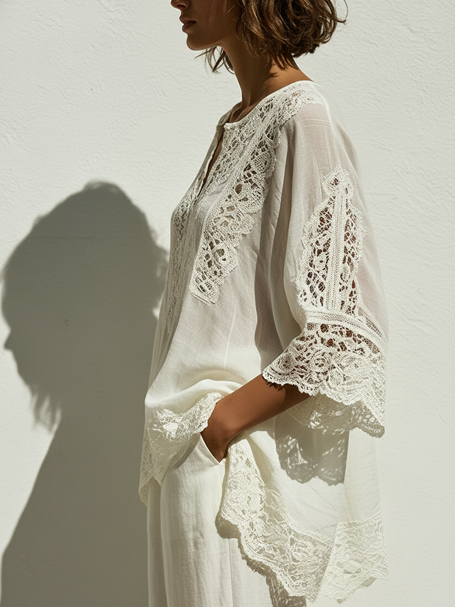 The Inès – Lace-Trim V-Neck Tunic | Women's Resort Top | Solane Maison