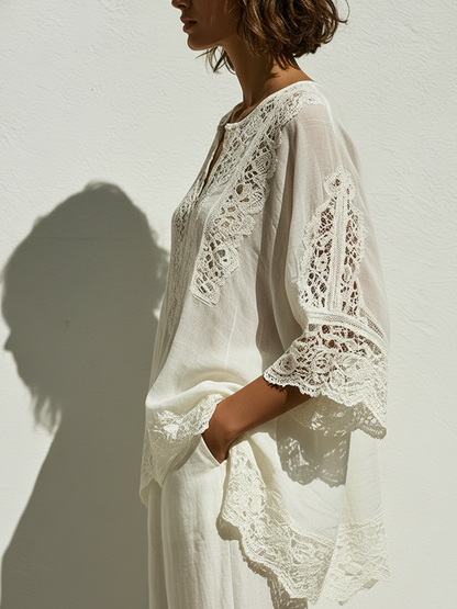 The Inès – Lace-Trim V-Neck Tunic | Women's Resort Top | Solane Maison