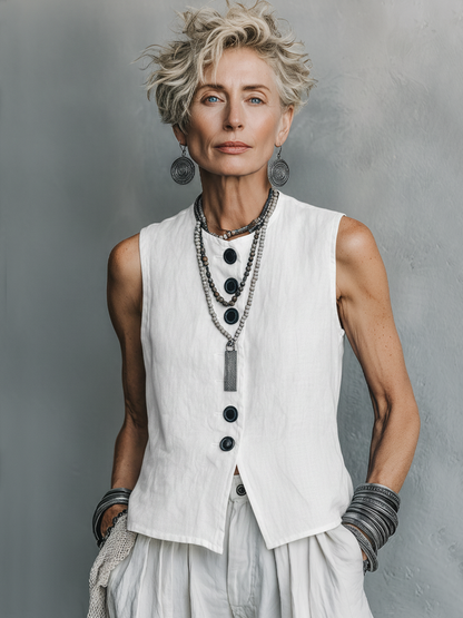 The Camille – Cotton-Linen Single-Breasted Vest | Women's Layering Piece | Solane Maison