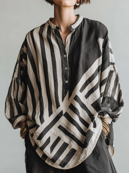 The Adèle – Striped Cotton-Linen Henley Shirt | Women's Long-Sleeve Top | Solane Maison