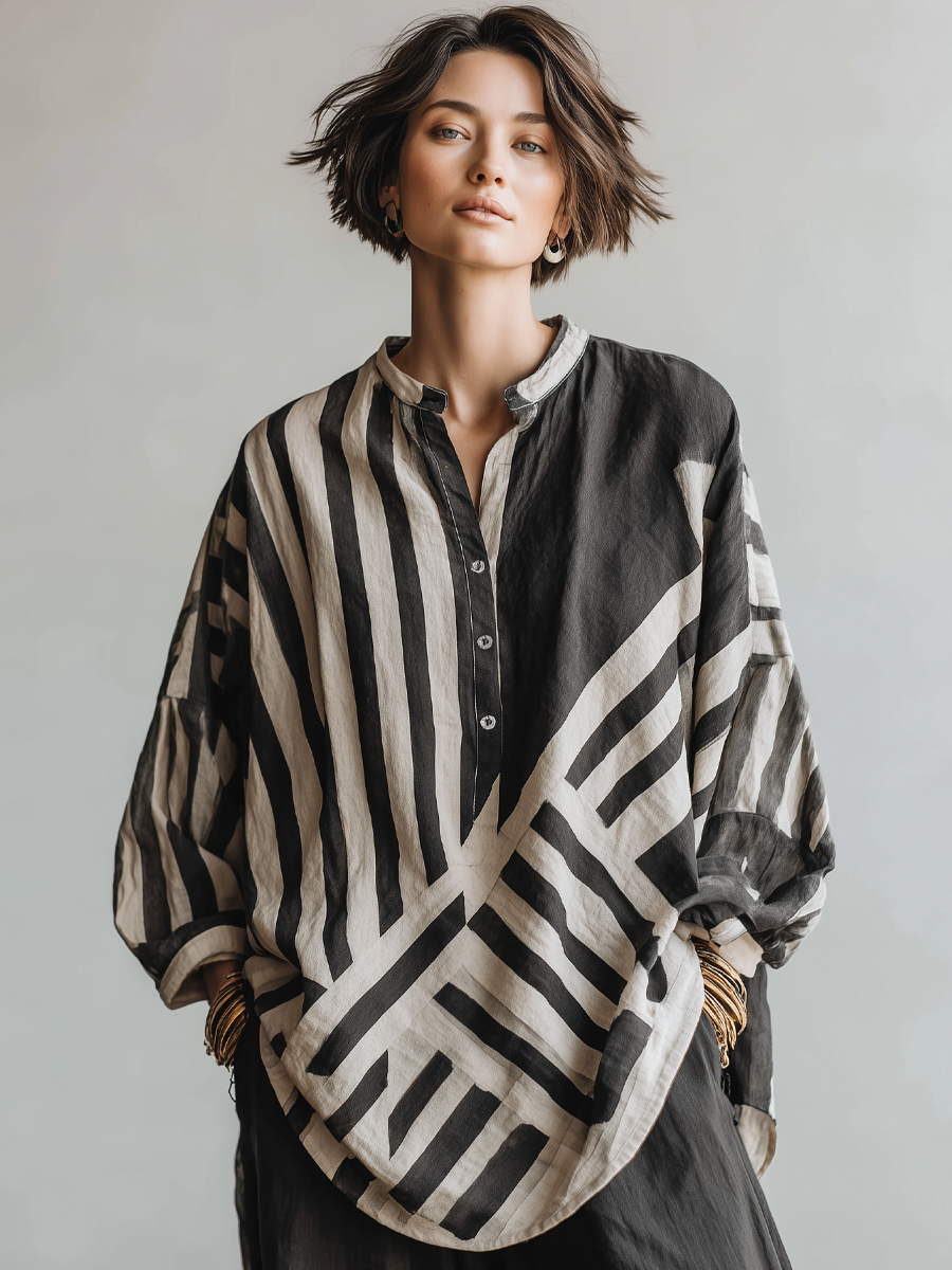 The Adèle – Striped Cotton-Linen Henley Shirt | Women's Long-Sleeve Top | Solane Maison