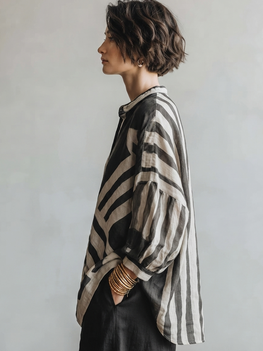 The Adèle – Striped Cotton-Linen Henley Shirt | Women's Long-Sleeve Top | Solane Maison