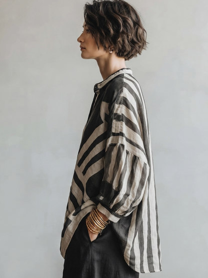 The Adèle – Striped Cotton-Linen Henley Shirt | Women's Long-Sleeve Top | Solane Maison