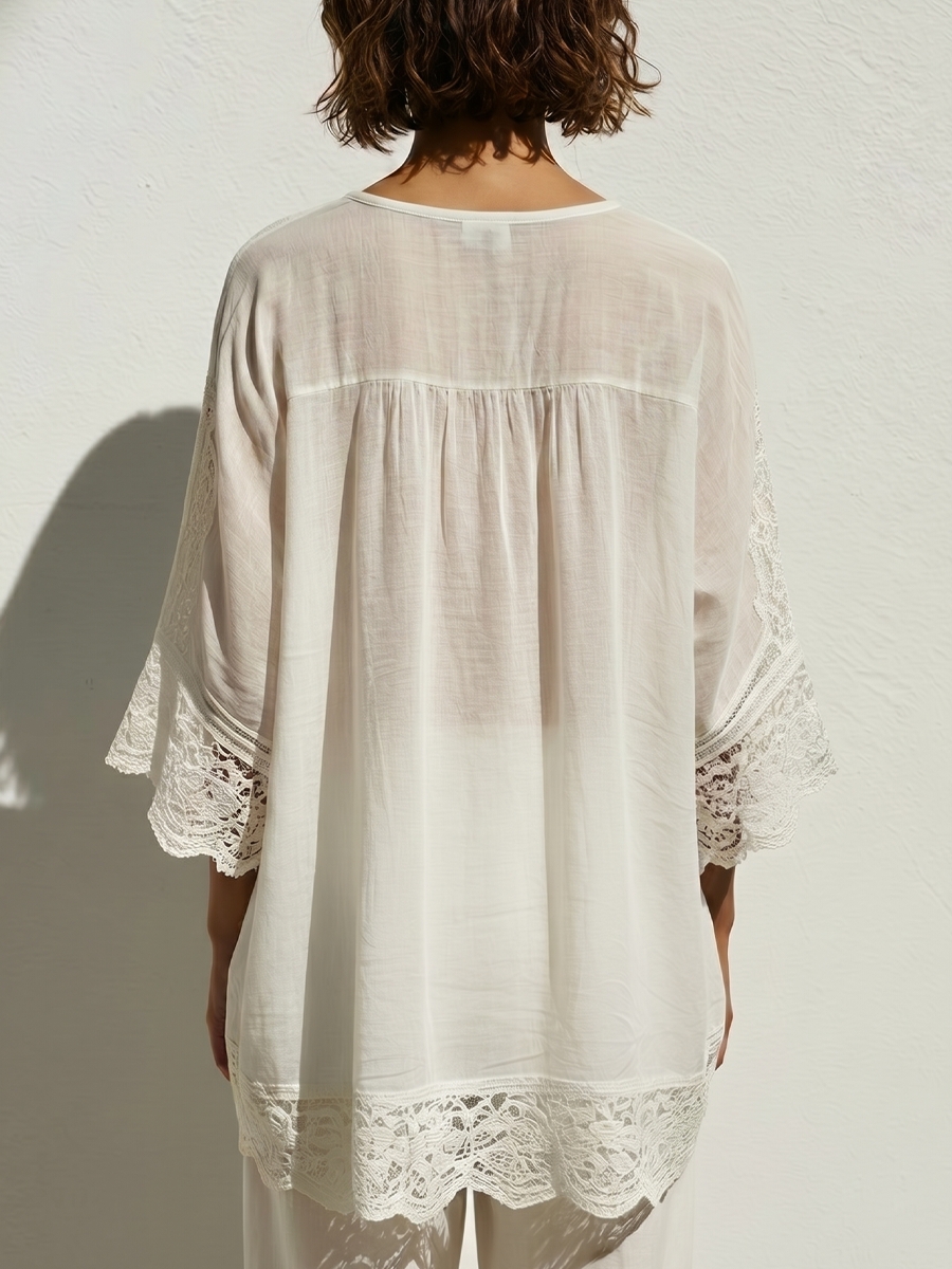 The Inès – Lace-Trim V-Neck Tunic | Women's Resort Top | Solane Maison