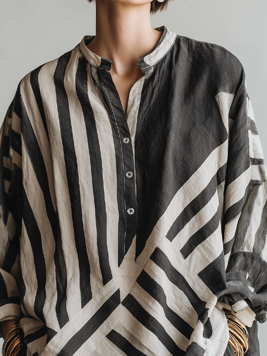 The Adèle – Striped Cotton-Linen Henley Shirt | Women's Long-Sleeve Top | Solane Maison