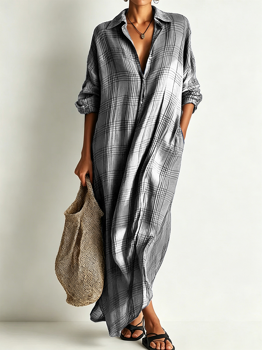 The Colette – Cotton-Linen Plaid Shirt Midi Dress | Solane Maison