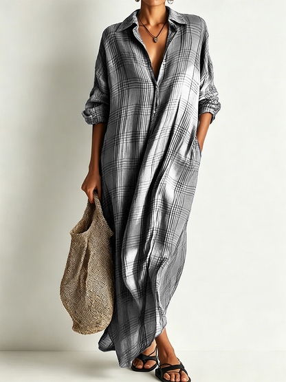 The Colette – Cotton-Linen Plaid Shirt Midi Dress | Solane Maison
