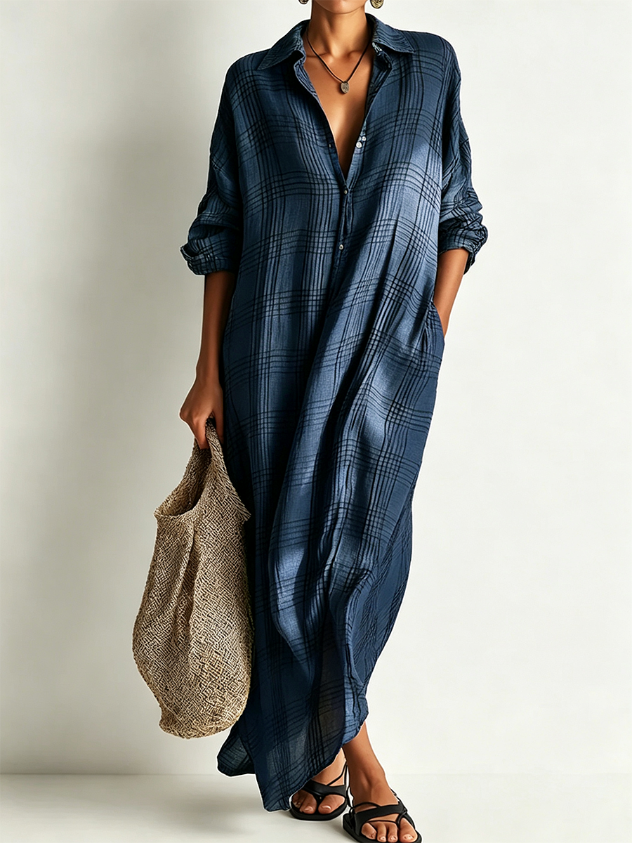 The Colette – Cotton-Linen Plaid Shirt Midi Dress | Solane Maison